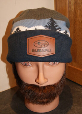 Subaru Outback Cap Hat Beanie Blue Leather Patch Fair Isle Winter Trees One Size